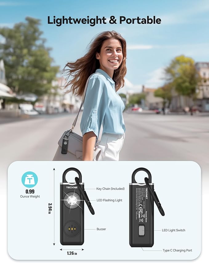 TECKNET Rechargeable Personal Safety Alarm for Women, 2-Pack 130dB Personal Alarm with SOS Strobe Light, Low Battery Notice, Keychain Alarms Loud Siren for Girls Kids Elderly