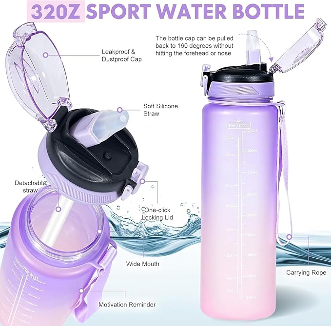 Water Bottle with Straw 1L,Boys Water Bottles with Straw 1 Litre,Waterbottle Leak-Proof Sports Water Bottle,Plastic Drinks Bottles Toxin Free，Bpa-Free (Purple)