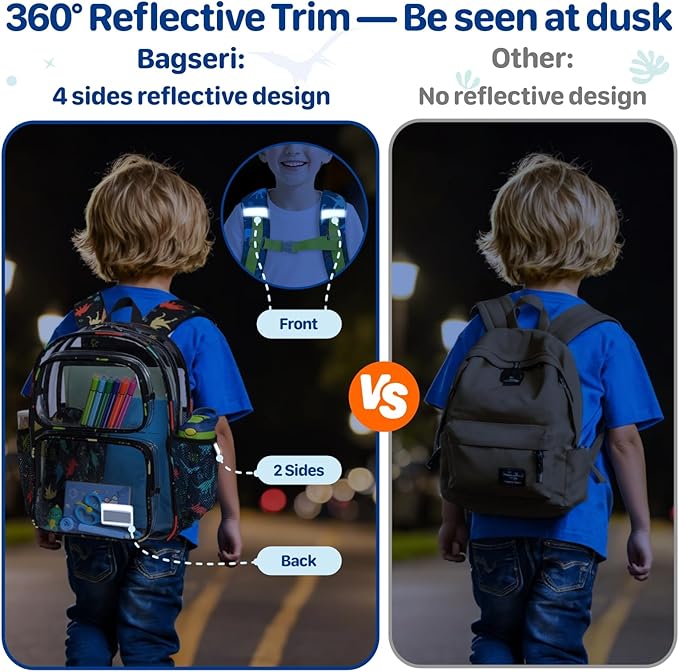 Bagseri 2pcs Clear Backpack for Boys - 15 Inch School Bag with Clear Lunch Bag, Heavy Duty Transparent Bookbag for Kindergarten to Grade 2, Fits Folders, Black Dinosaur