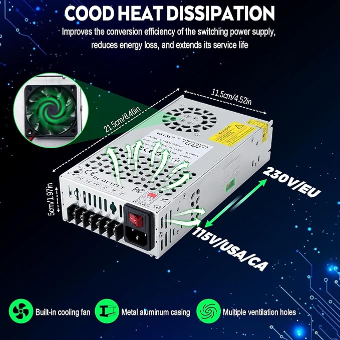 VAYALT DC 12V 41.6A 500W Switching Power Supply, 110V/220 V Power Supply AC to DC Converter, Universal Regulated Switching,12V Power Supply for CCTV Camera System,3D Printer,Led Strip,Computer Project