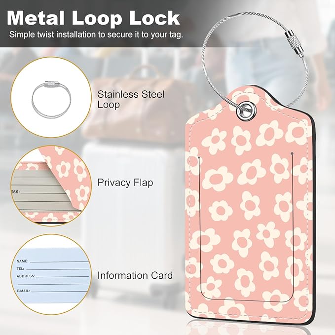 2Pack Luggage Tags for Suitcases, Cute Unique Pu Leather Cruise Luggage Tag with Privacy Cover ID Label Address Card and Metal Ring Suitable for Women Men Kids Travel Bag Pink and beige flowers