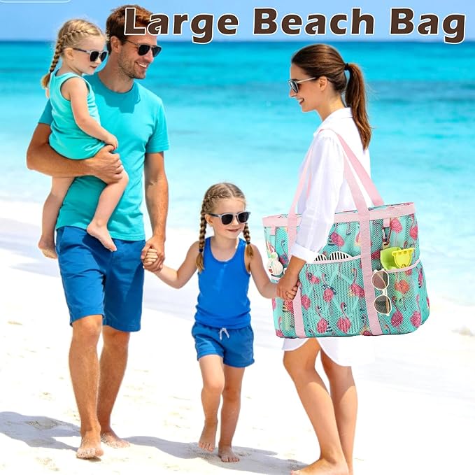 Fammart Mesh Beach Bag with Zipper, Large Beach Tote for Women, Toys Pool Swim Bag Travel Vacation Cruise Essentials