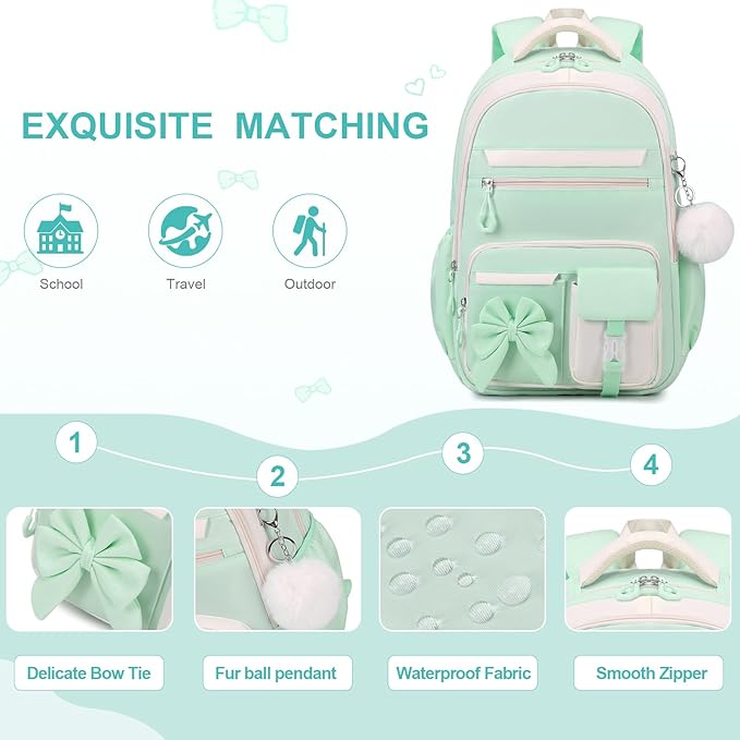 DIGOBAY Backpack for Girls, 3PCS Girls Backpack for School with Lunch Bag Pencil Case, Cute Kids Teens Bookbag for Kindergarten Elementary Preschool Middle School (Green)