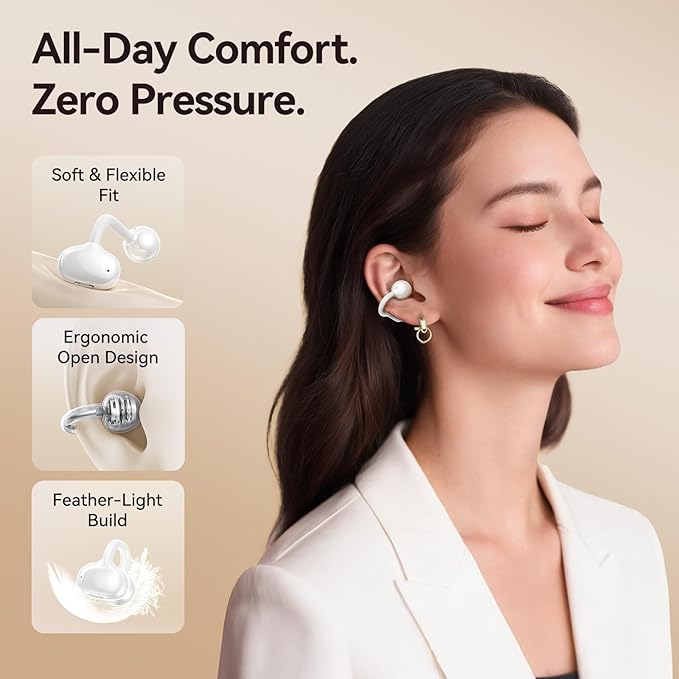 Kinglucky Jewelry-Inspired Clip-On Earbuds with Butterfly Earrings, Comfortable Fit & 50H Playtime Open Ear Bluetooth 5.4 Wireless Headphones for Women, Small Ears, Sports & Workouts (White)