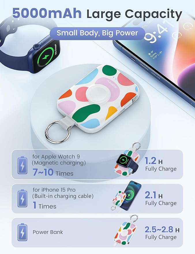 RORRY CharmGo Portable Charger, 5000mAh Portable Charger Power Bank with Built-in Cables, Travel Keychain Battery Pack for Apple Watch and iPhone Air/17/16/15/14/13/12, Graffiti