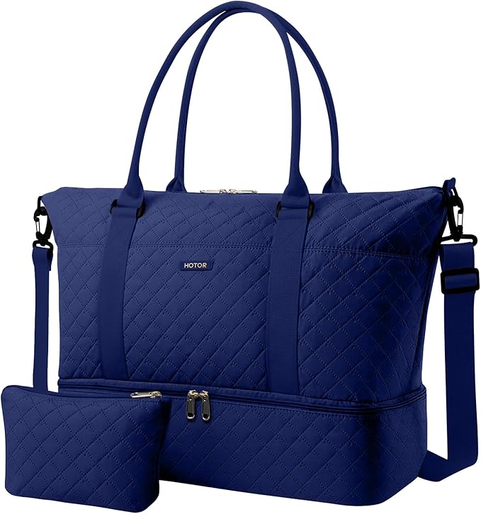 HOTOR Travel Duffel Bag - Weekender Bags for Women, Gym Tote Bags with Shoe Compartment, Carry On Overnight Bag with Toiletry Bag for Travel Essentials Travel Accessories, Dark Blue, 13.4"×17.3"×7.9"