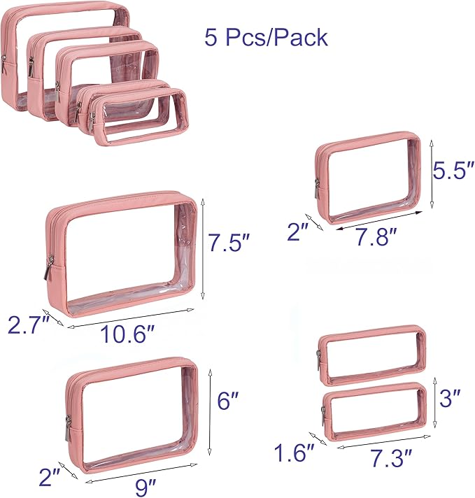 Remobia Hicol TSA Approved 5-Piece Diaper Bag Organizer Pouch Set Clear Waterproof TPU Kids Toiletry Storage Set Travel Packing Clutch Cube Bags for Baby Nursing (Pink Leather)