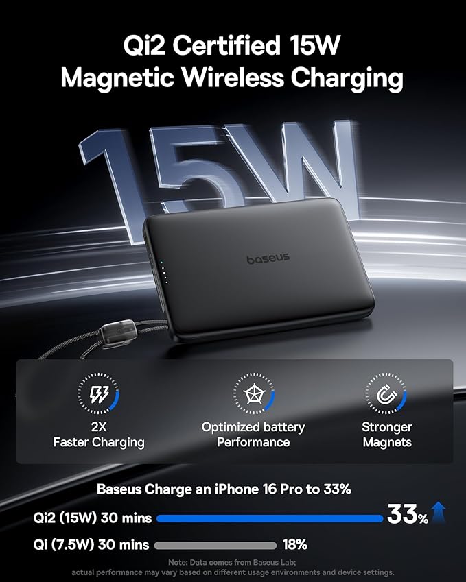 Baseus Picogo Qi2 15W Magsafe Portable Charger, 0.5" Ultra Slim 10000mAh Wireless Power Bank with 27W Built-in USB-C Cable, Magnetic Battery Pack for iPhone 17 Pro Max/17 Pro/Air/16/15/14/13/12