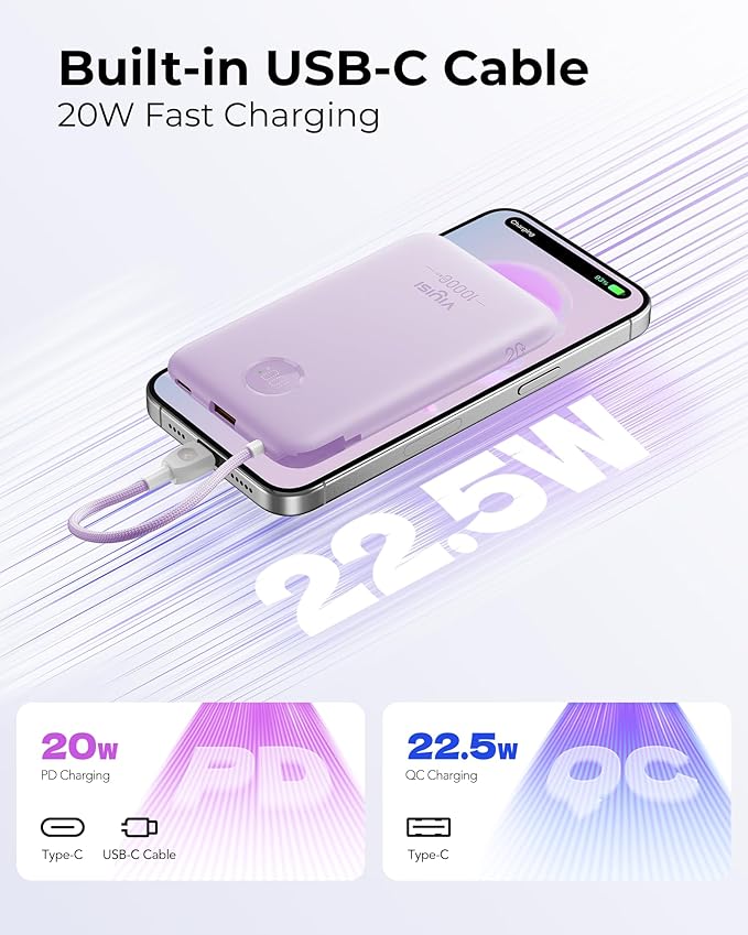 VIYISI Slim Portable Charger Power Bank 10000mAh, PD 20W Fast Charging Compact Battery Pack with Built-in USB C Cable, Travel Essential Compatible with iPhone 17 16 15, Samsung, Android - Purple