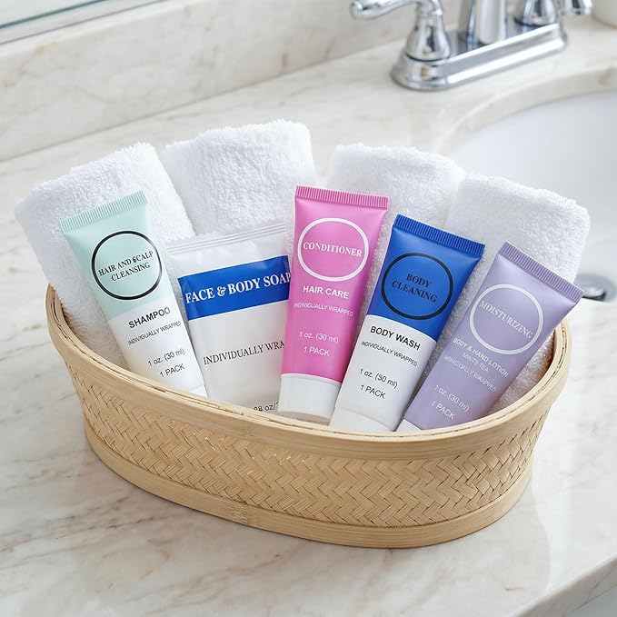 Toiletries Individually Wrapped Set Bulk, Travel Size 1 Fl oz Mini Body Wash Body Lotion Shampoo Conditioner 0.88 oz Bars Soap Toiletry Kit Guest Amenities for Hotel/Shelter/Homeless (Pack of 100)