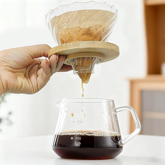 Gute Glass Coffee Dripper/Filter - Cone Glass Pour Over Coffee Dripper with Bamboo Stand & Handle, Size V02 Coffee Maker Funnel Accessories for Home, Office，1-4Cups
