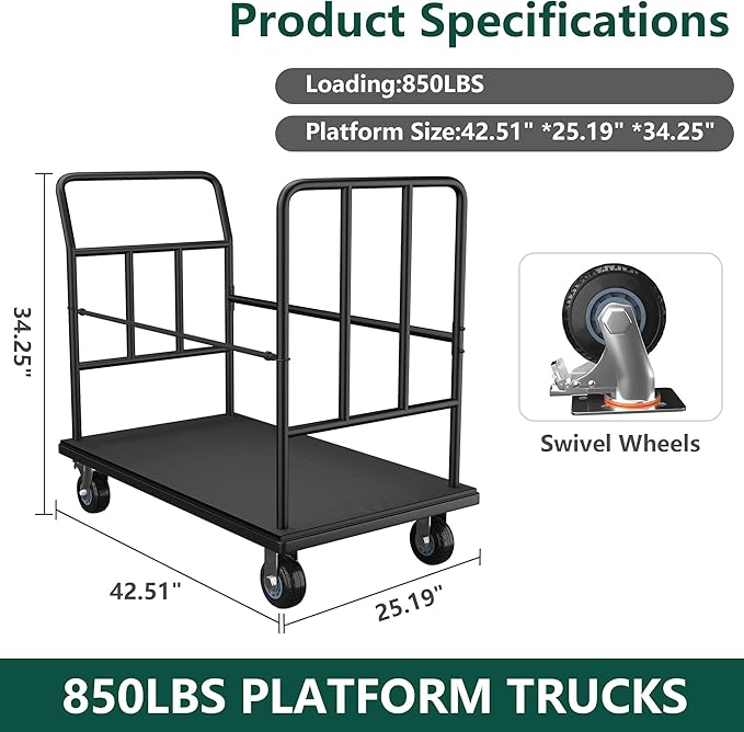 Luggage Cart,850LB Load Luggage Trolley with 5" Quiet Wheels & Secures Poles,Heavy-Duty Steel Hand Truck for Hotel Bellman,Airport,Commercial Use,Non-Slip Platform Dolly(42.51" x 25.19" x 34.25")