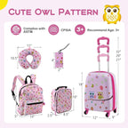 BABY JOY Kids Luggage, 5 Pieces Luggage Set w/ 16" Carry-on Hardshell Spinner Toddler Suitcase, 13" Backpack, Neck Pillow & Insulated Lunch Bag, Travel Kids Rolling Suitcase for Girls Boys (Pink Owl)
