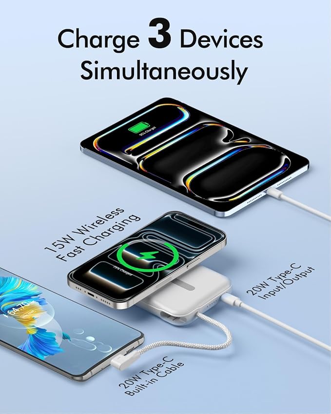 for Magsafe Power Bank, 5000mAh Magnetic Portable Charger with Built-in USB-C Cable, Wireless Battery Pack with 20W PD Fast Charging for iPhone 17/16/15/14/13/12 All Series-White