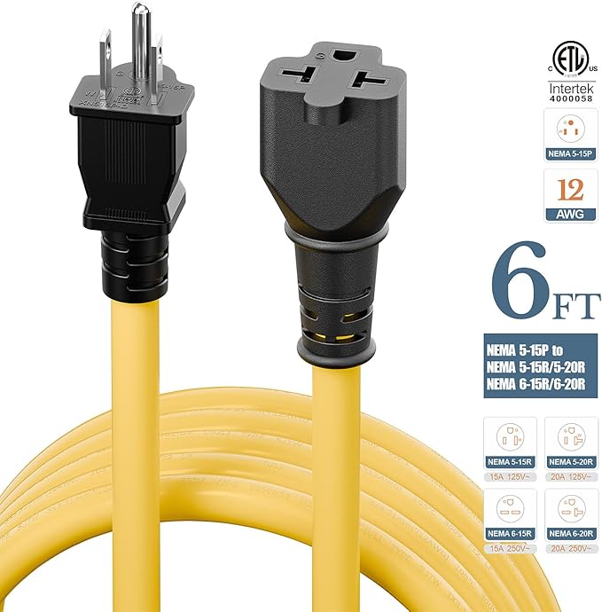 4 in1 NEMA 5-15P Extension Cord, Winxus 6FT NEMA 5-15P to 5-15R, 5-20R, 6-15R, 6-20R Adapter Cord, 15A to 20A AC Adapter Cable, 6FT 3 Prong Extension Cords