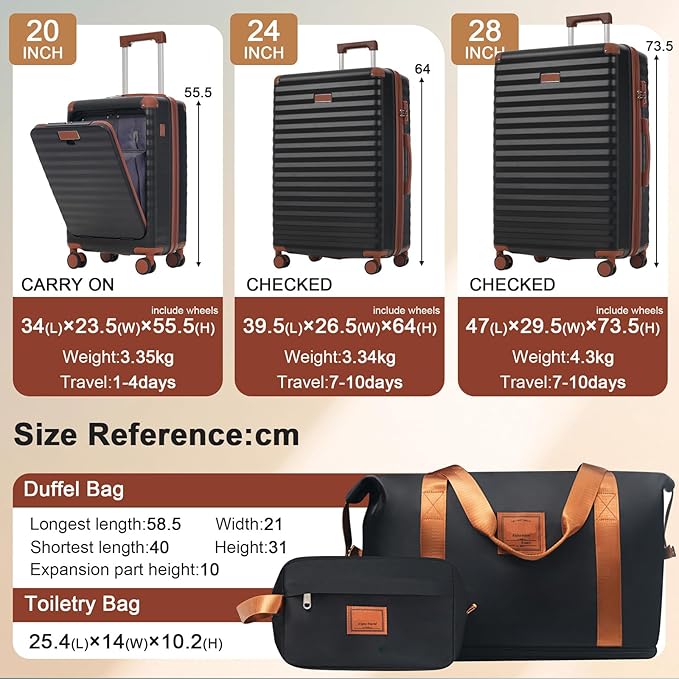 5 Piece Luggage Set w/TSA Locks & USB Port, Front Opening Hard Shell Luggage Sets, Expandable Suitcase Set with Wheels and Cup Holder(20"/24"/28") (Black Brown)
