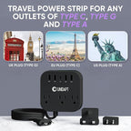 European Plug Adapter, Unidapt US to UK Europe Power Strip for EU/UK/US with USB C and 4 USB Ports, 3 AC Outlets, Wall Mountable, 5ft Extension Cord, for Travel Cruise Ship Home (Black)