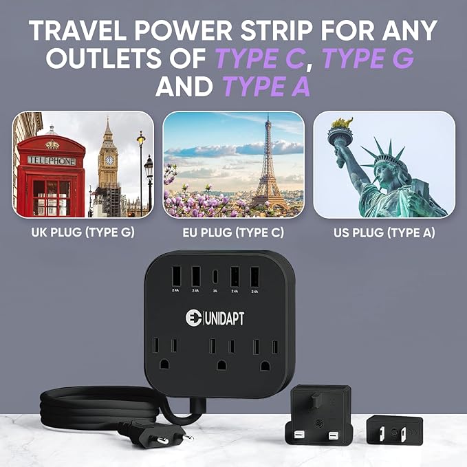 European Plug Adapter, Unidapt US to UK Europe Power Strip for EU/UK/US with USB C and 4 USB Ports, 3 AC Outlets, Wall Mountable, 5ft Extension Cord, for Travel Cruise Ship Home (Black)