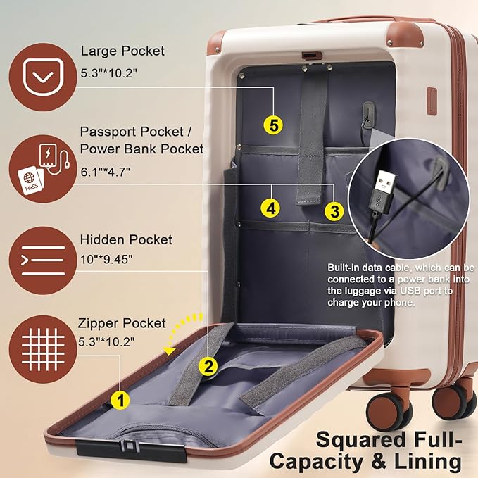 5 Piece Luggage Set w/TSA Locks & USB Port, Front Opening Hard Shell Luggage Sets, Expandable Suitcase Set with Wheels and Cup Holder(20"/24"/28") (Brown White)