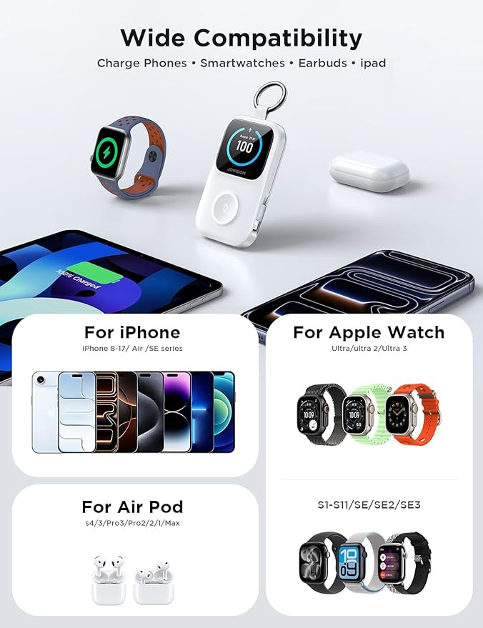 JOYROOM Portable Charger, Power Bank with Built-in Cables & LED Display, 5000mAh 20W PD Fast Charging & Fast Recharge, Travel Keychain Battery Pack for iPhone 17/16/15/14/13/12 & Apple Watch, White