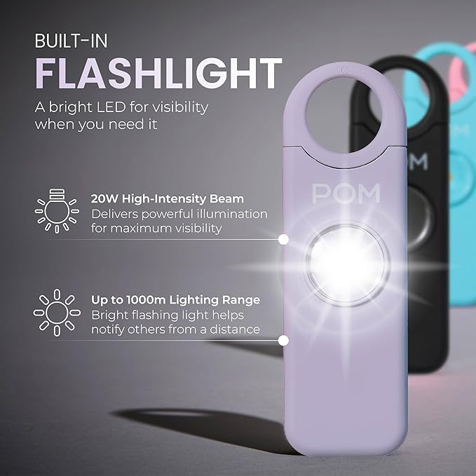 POM Personal Safety Alarm for Women – 130dB Loud Emergency Siren, USB-C Rechargeable with Bright LED Flashlight, Portable Keychain Design for Self Defense, Purse, Backpack & Travel (Lavender)