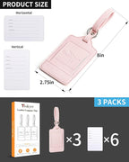 3 Pack Luggage Tags - Quick Install, Privacy Protection, Airplane Travel Essentials for Suitcases, Durable Leather - Lichee Light Pink