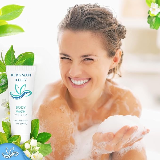 Bergman Kelly - Hotel Toiletries Bundle - White Tea, 1 oz ea, 125 Pieces - 5-Piece Set: 25 ea Rectangular Bar Soap, Shampoo, Conditioner, Body Lotion & Body Wash - Bulk Mini Guest Amenities