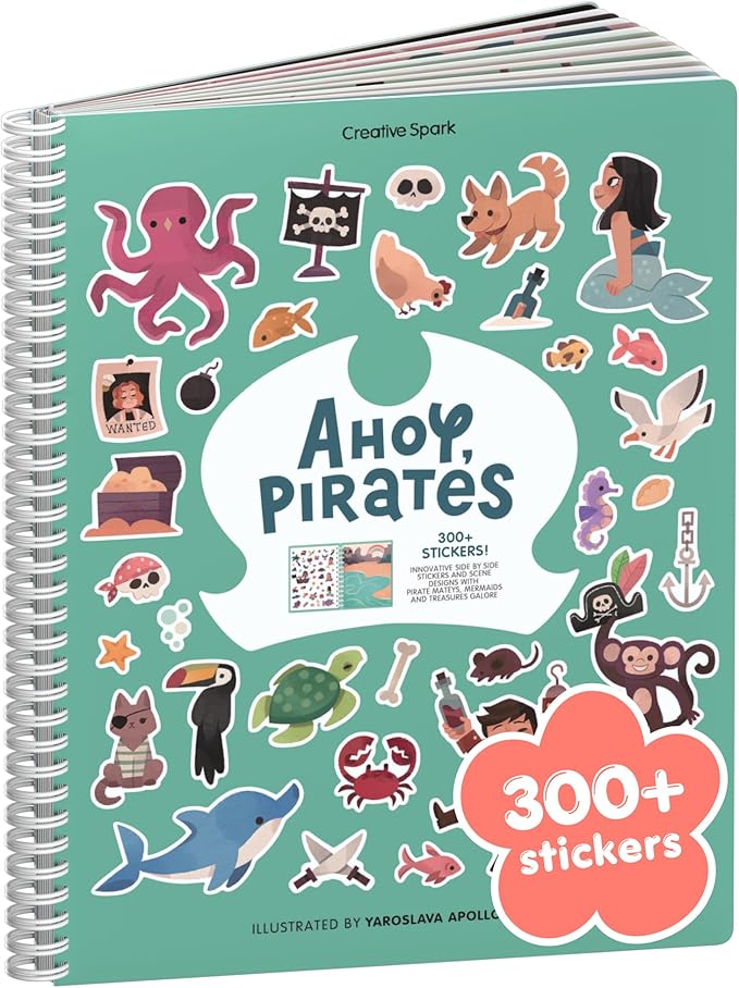 Cupkin Pirate Sticker Book Activity for Kids, Toddler Airplane Travel Essentials, 300+ Pirate Stickers for Kids + 8 Scenes + 8 Coloring Book Pages, Gift for Boys and Girls, Small Sticker Book