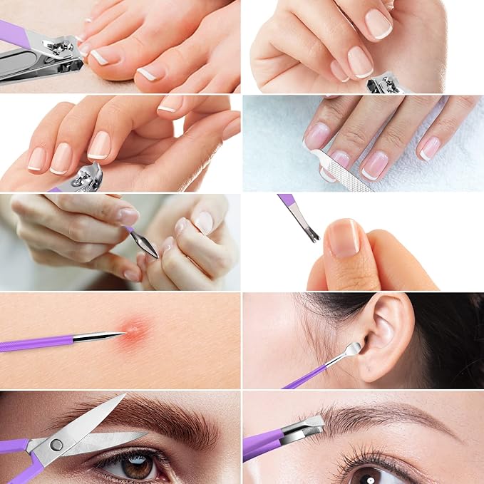 Manicure Set, Travel Mini Nail Clippers Kit Pedicure Care Tools, 10pcs Stainless Steel Grooming kit (Violet)