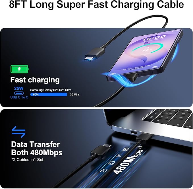 Super Fast Charger Type C, 25W USB C Wall Charger Fast Charging for Samsung Galaxy S26 Ultra/S26/S26+/S25 Ultra/S25/24 Ultra/S24/S23 Ultra/S22 Ultra with 8FT Long Android Type C Charger Cable 2Pack