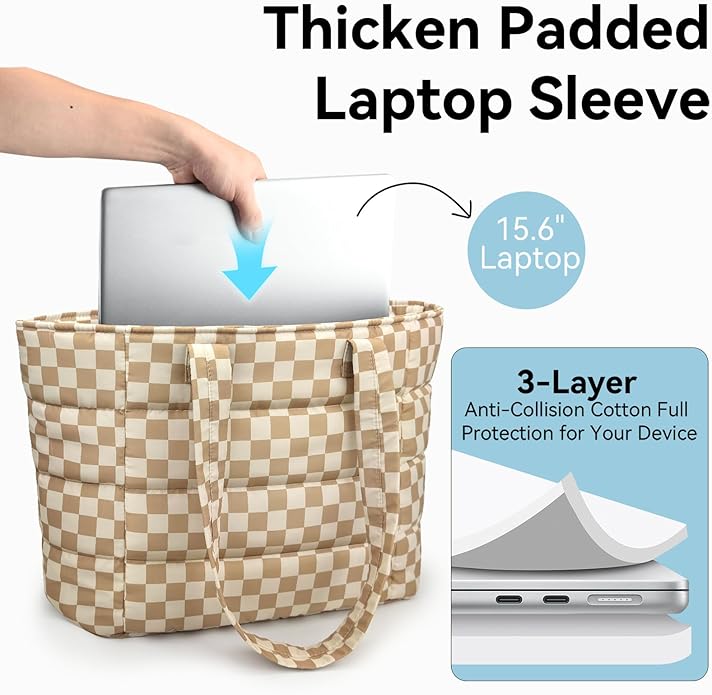 Puffer Tote Bag with Pouch,Women's Lightweight Quilted Shoulder Bag,15.6"/17.3" Laptop Travel Weekender for Work & Nurses