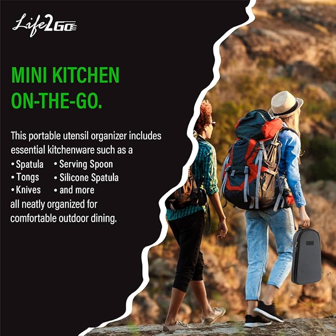 Life2Go 12 Piece Stainless Steel Camping Cooking Utensils Set, Portable Outdoor Kitchen Kit with Chef Knife, Tongs, Spatula, Scissors, Camp Cooking Gear with Carry Case for Hiking, BBQ & Travel, Gray