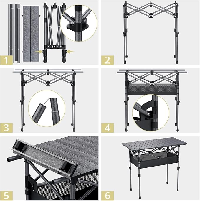 Anbte 3ft Aluminum Roll Top Camping Table, 2 Adjustable Height Camping Table Folding with Storage Net & Bag Lightweight Roll Up Table for Tailgate Outdoor Backyard BBQ Patio Picnic, 32.2” X 16”, Black