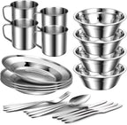 Odoland 29pcs Stainless Steel Utensils Camping Mess Kits with Bowls Plates Cups Forks Spoons and Knives for 4, Camping Cutlery Set for Backpacking, Outdoor Hiking and Picnic