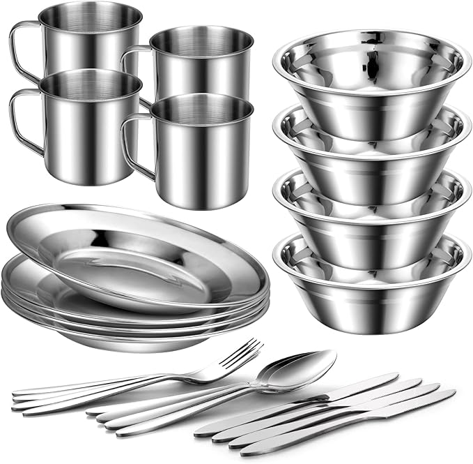Odoland 29pcs Stainless Steel Utensils Camping Mess Kits with Bowls Plates Cups Forks Spoons and Knives for 4, Camping Cutlery Set for Backpacking, Outdoor Hiking and Picnic