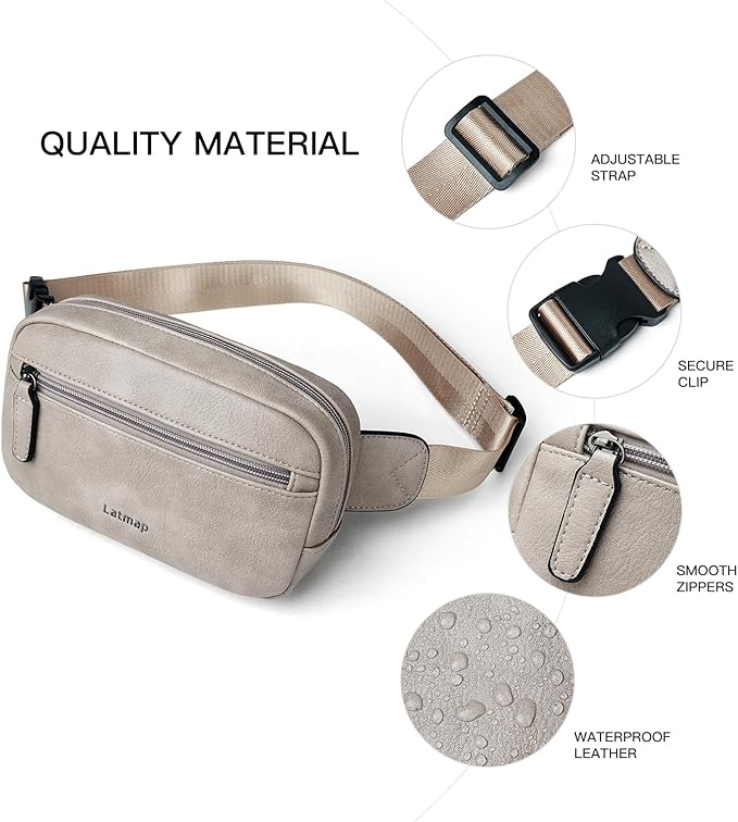 LATMAP 2L Fanny Packs Everywhere Belt Bag Small Fashion Crossbody Waist Pack Faux Leather Waterproof Sling Chest Bag For Women Trendy Grey