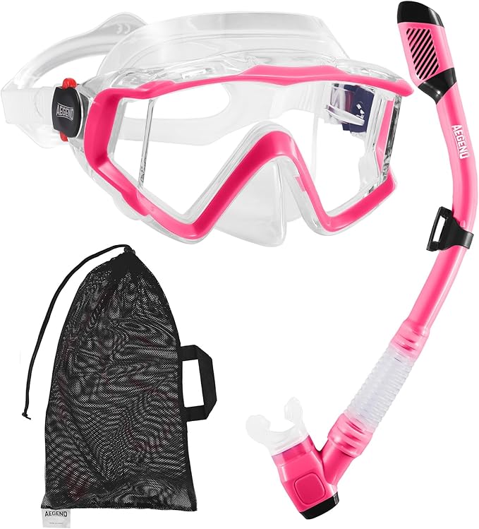 Aegend Snorkeling Gear for Adults Youth Kids, Snorkel Mask with Top Dry Valve - Panoramic View Anti-Leak and Anti-Fog with Mesh Bag for Snorkeling, Scuba Diving, Freediving & Swimming