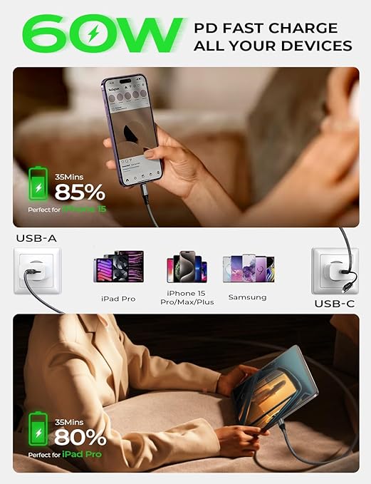 AINOPE USB C to USB C Cable, 6 FT USB C Cable Fast Charging with USB to USB C Adapter, 60W USB to USBC Cable for iPhone 17 Pro Max Air Type C Cable for iPhone 16/15/14/13/12 Samsung, Black
