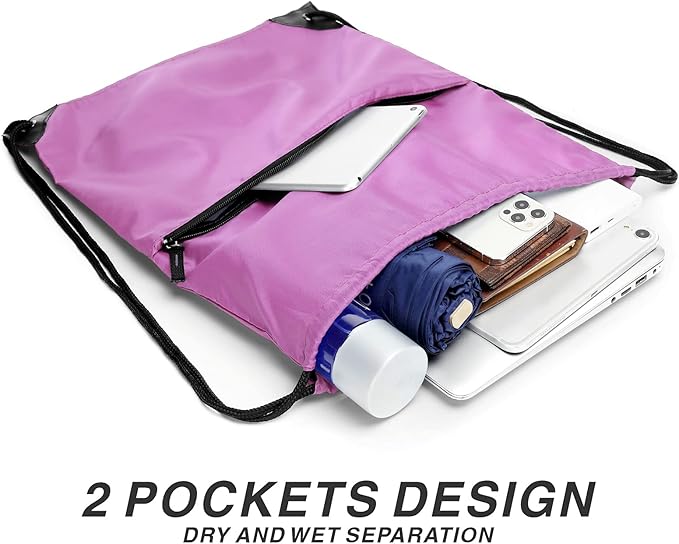 Drawstring Backpack Sports Water Resistant String Bag Sport Gym Sackpack for Women Men Large with Zipper, Pink