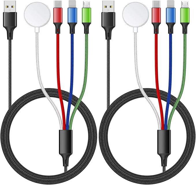 2Pack 4 in 1 iWatch & iPhone Charger for Travel, Multi Charging Cable for Apple Watch Charger Wireless USB C Micro Compatible with iWatch Ultra/SE/10/9/8/7/6/5/4/3/iPhone 16/15/14 Galaxy Android(4FT)