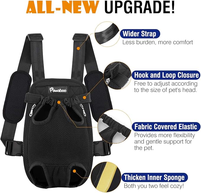 Pawaboo Pet Carrier Backpack, Adjustable Pet Front Cat Dog Carrier Backpack Travel Bag, Legs Out, Easy-Fit for Traveling Hiking Camping for Small Medium Dogs Cats Puppies 8-12lbs, Large, Black