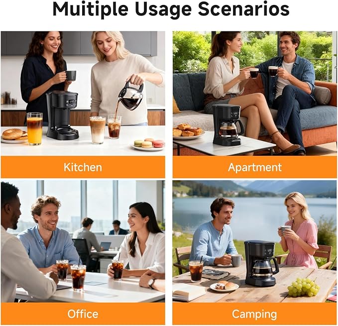 Coffee Maker, 5 Cup Drip Coffee Machine with Glass Carafe, 20 Hours Programmable Timer, 2 Hours Keep Warm, Compatible with Ground&Tea – Portable Small Cafetera for Home, Office, Travel&Camping-Black