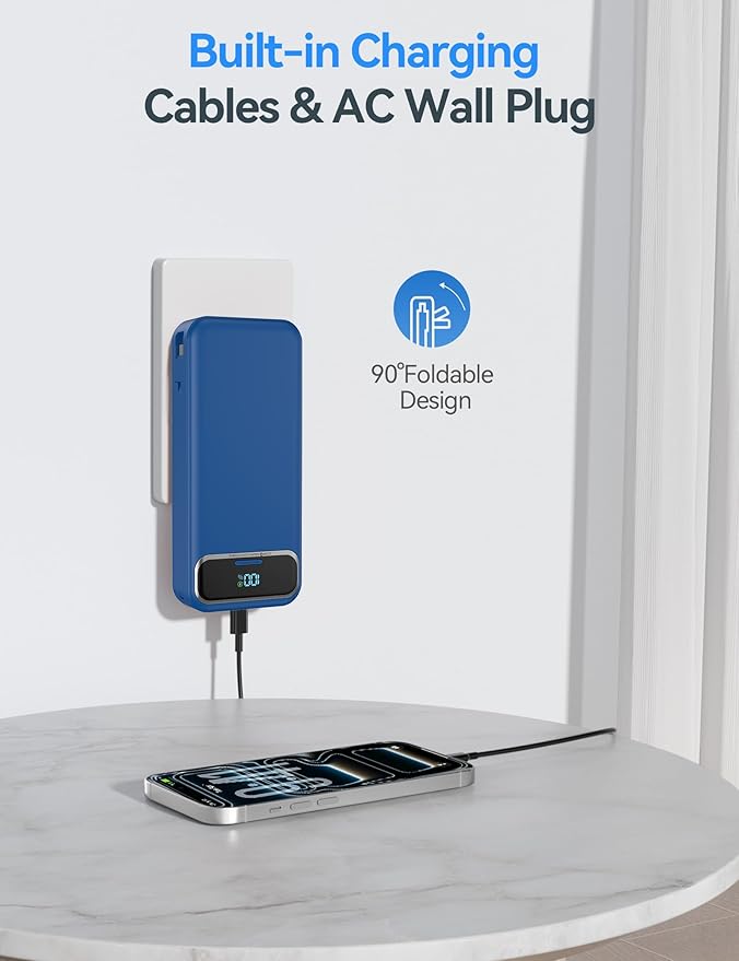 20000mAh Lightweight-Portable-Charger-Power-Bank with Built-in Cables and AC Wall Plug, PD20W USB-C Fast Charging Battery Pack, LED Display External Travel Phone Charger for All iPhone,Samsung,Android