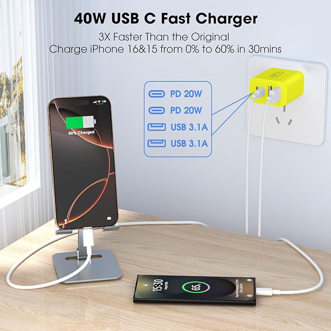 USB C Charger Block, 2 Pack 40W 4-Port iPhone Charger Fast Charging Multiport PD 3.0 & QC 4.0 Double Quick Charge, Compatible with iPhone 17/16/15/14/13/12/11，Pro Max，iPad, Samsung (2, Yellow)