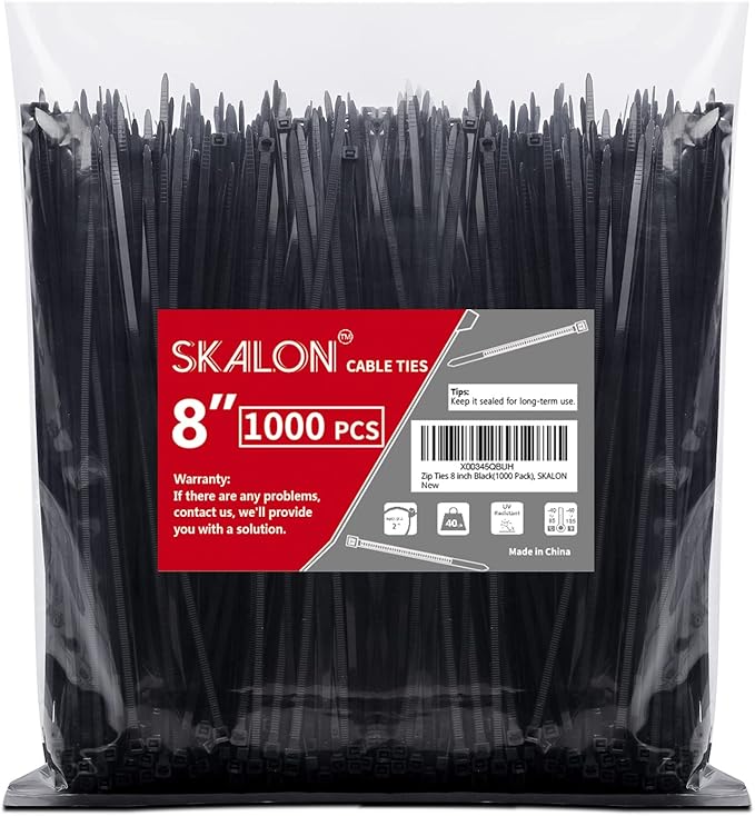 Zip Ties 8 inch (1000 Pack), 40lbs Tensile Strength, Black Cable Ties, Wire Ties for indoor and outdoor use, by Skalon