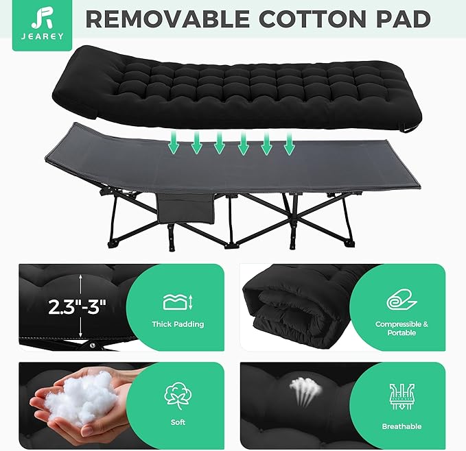 JEAREY 2-Piece Camping Cot for Sleeping 28" Extra Wide, Heavy-Duty 1200D Oxford Foliding Cots for Adults Portable with Mattress, Carry Bag for Guest, Travel, Hiking, Black