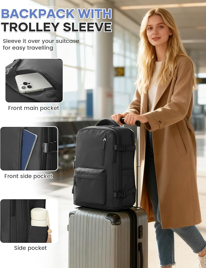 Large Carry on Travel Backpack Women Men,Hiking Gym Waterproof Outdoor Sports Rucksack Casual Daypack Laptop Backpack Personal item Travel Bag Airplane Essentials Spirit Airline Flight Approved,Black