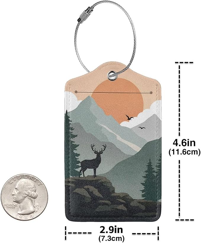 2 Pack Luggage Tags for Suitcases, PU Leather Bag Tag with Privacy Cover Address Card Travel Essentials-Sunrise Forest Deer