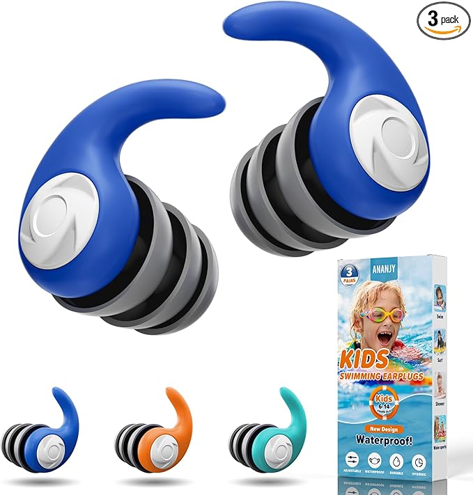 Waterproof Swimming Ear Plugs for Kids - 3 Pairs of Reusable Soft Silicone Swim Earplugs,Ear Protection for Children (4-12 Years Old) - Ideal for Surfing, Diving, Pool, Showering, and Water Sports