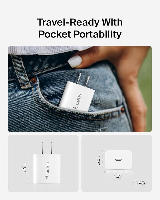 Belkin USB C Charger Block 20W (2-Pack) - Fast Charging - Apple iPhone 17, Air, Pro, Pro Max, iPad, AirPods, Apple Watch, Samsung Galaxy S25, Nintendo Switch 2 & More - White